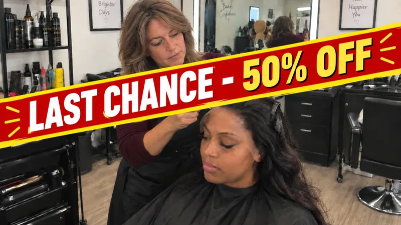 Stylist applying a lace hairpiece to a client at the salon, last chance 50% off
